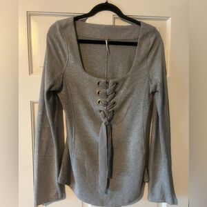 Free People Lace-Up Top Large Grey Silver Ribbon Bow Neutral Minimalist